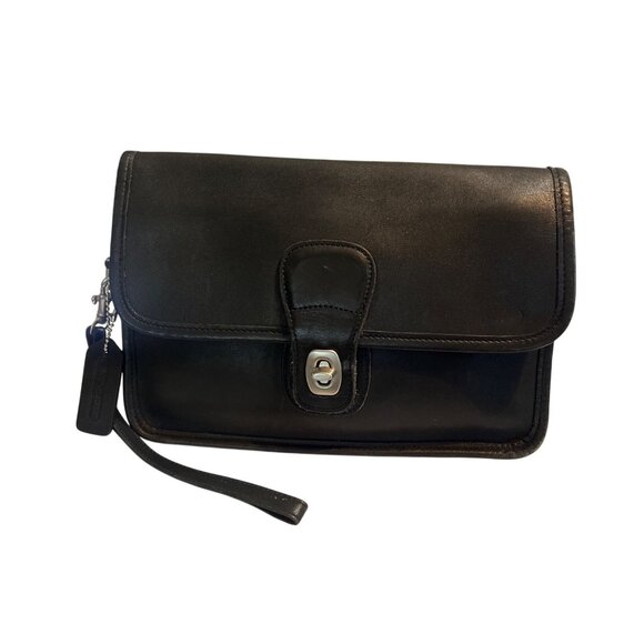 Vtg Coach 9832 Black Leather Turnlock Clutch Handbag Brushed Nickel Hardware - Picture 1 of 11